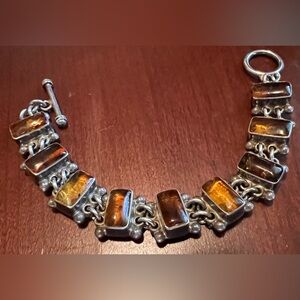 Vintage Sterling Silver Amber 7 1/4” Toggle Bracelet